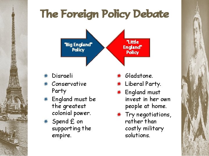 The Foreign Policy Debate “Big England” Policy “Little England” Policy * Disraeli * Gladstone.