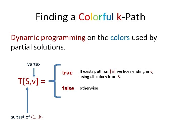 Finding a Colorful k-Path Dynamic programming on the colors used by partial solutions. vertex