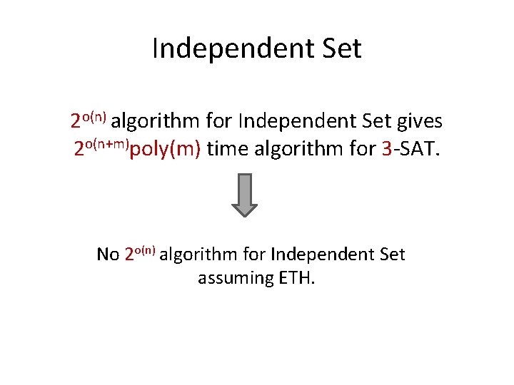 Independent Set 2 o(n) algorithm for Independent Set gives 2 o(n+m)poly(m) time algorithm for