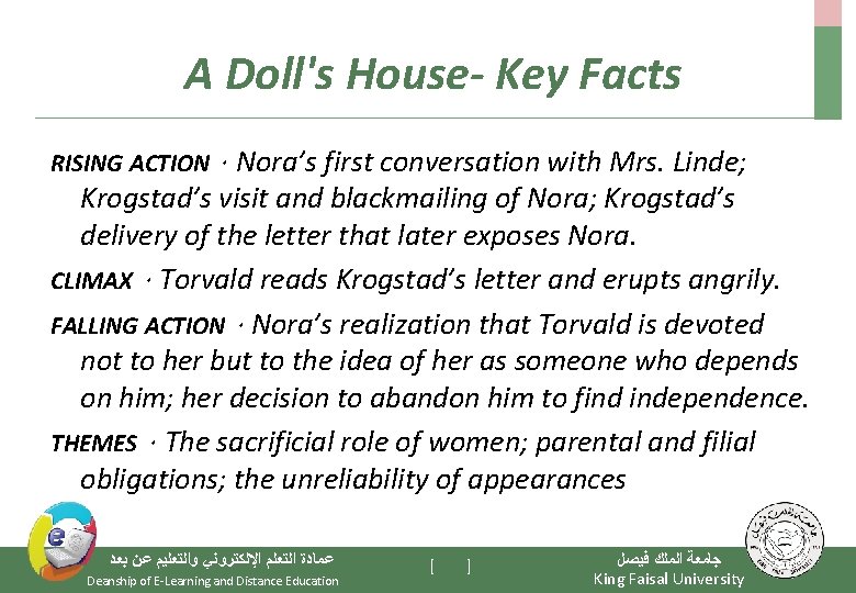 A Doll's House- Key Facts RISING ACTION · Nora’s first conversation with Mrs. Linde;