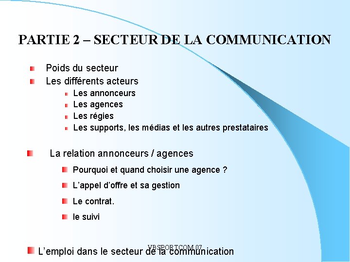 PARTIE 2 – SECTEUR DE LA COMMUNICATION Poids du secteur Les différents acteurs Les