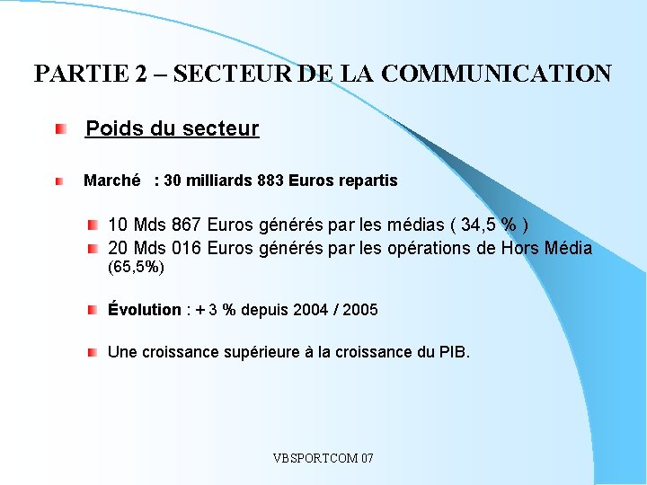 PARTIE 2 – SECTEUR DE LA COMMUNICATION Poids du secteur Marché : 30 milliards