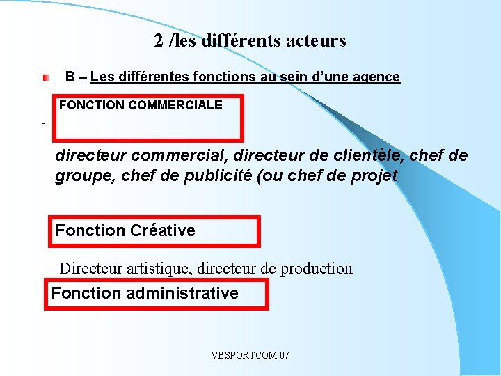 2 /les différents acteurs B – Les différentes fonctions au sein d’une agence FONCTION