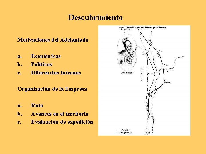 Descubrimiento Motivaciones del Adelantado a. b. c. Económicas Políticas Diferencias Internas Organización de la