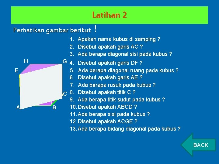 Latihan 2 Perhatikan gambar berikut ! 1. Apakah nama kubus di samping ? 2.