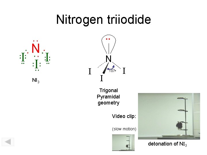 Nitrogen triiodide. . N I I I NI 3 N I 107 o I