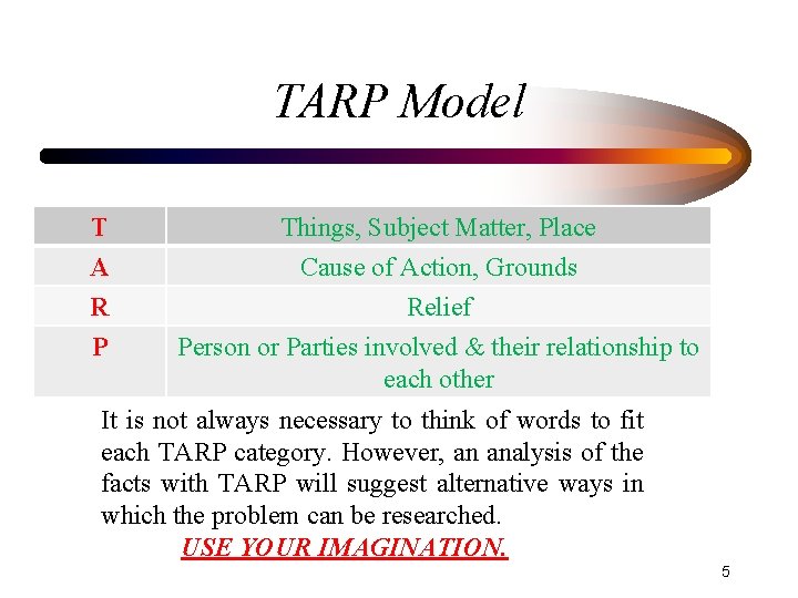 TARP Model T A R P Things, Subject Matter, Place Cause of Action, Grounds