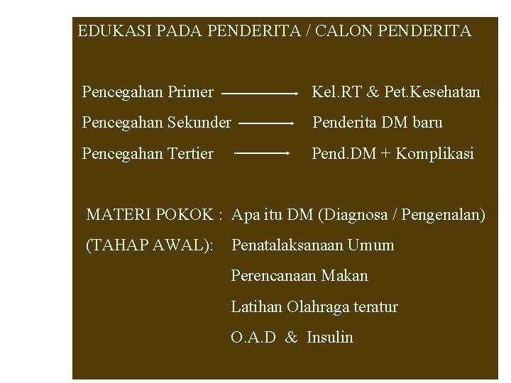 EDUKASI PADA PENDERITA / CALON PENDERITA Pencegahan Primer Kel. RT & Pet. Kesehatan Pencegahan