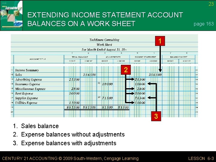 23 EXTENDING INCOME STATEMENT ACCOUNT BALANCES ON A WORK SHEET page 163 1 2