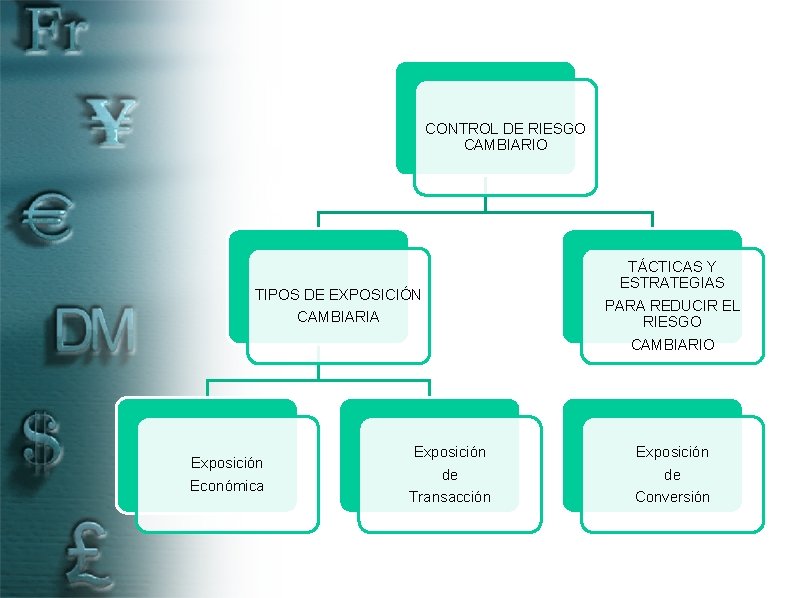 CONTROL DE RIESGO CAMBIARIO TIPOS DE EXPOSICIÓN CAMBIARIA Exposición Económica Exposición de Transacción TÁCTICAS