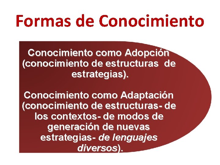 Formas de Conocimiento como Adopción (conocimiento de estructuras de estrategias). Conocimiento como Adaptación (conocimiento