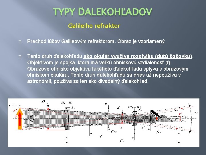 TYPY ĎALEKOHĽADOV Galileiho refraktor � Prechod lúčov Galileovým refraktorom. Obraz je vzpriamený � Tento