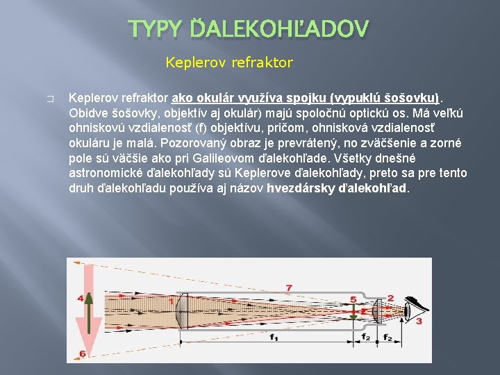 TYPY ĎALEKOHĽADOV Keplerov refraktor � Keplerov refraktor ako okulár využíva spojku (vypuklú šošovku). Obidve