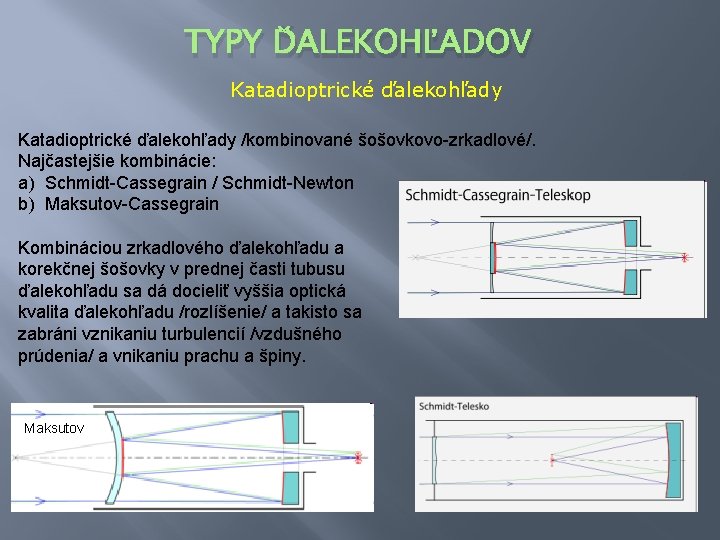 TYPY ĎALEKOHĽADOV Katadioptrické ďalekohľady /kombinované šošovkovo-zrkadlové/. Najčastejšie kombinácie: a) Schmidt-Cassegrain / Schmidt-Newton b) Maksutov-Cassegrain