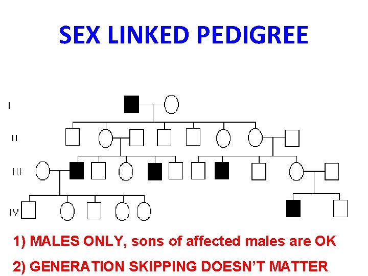 SEX LINKED PEDIGREE 1) MALES ONLY, sons of affected males are OK 2) GENERATION
