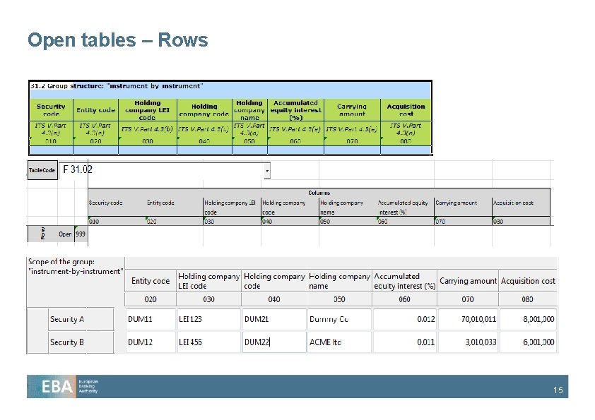 Open tables – Rows 15 