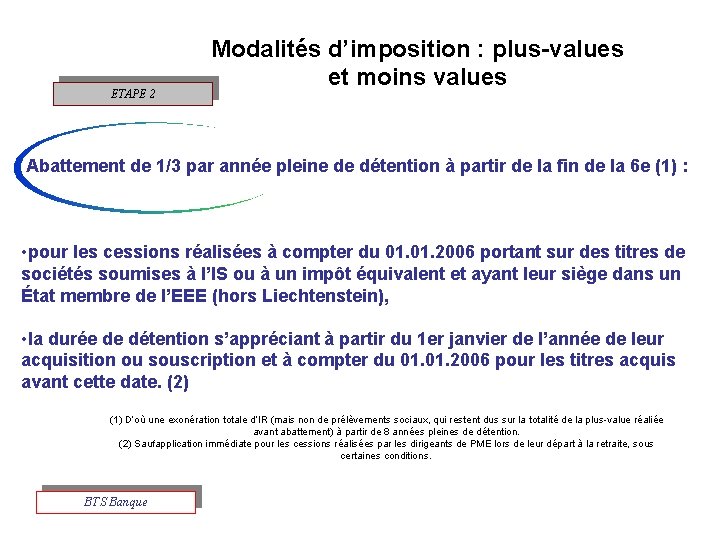 ETAPE 2 Modalités d’imposition : plus-values et moins values Abattement de 1/3 par année