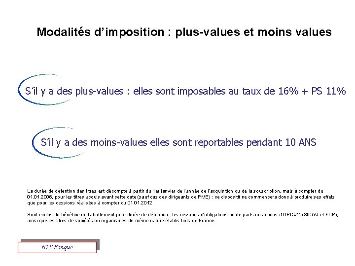 Modalités d’imposition : plus-values et moins values S’il y a des plus-values : elles
