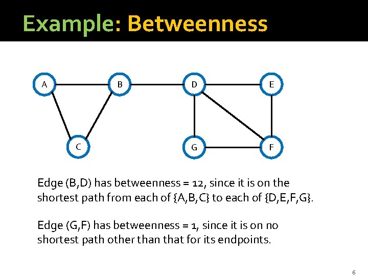 Example: Betweenness A B C D E G F Edge (B, D) has betweenness
