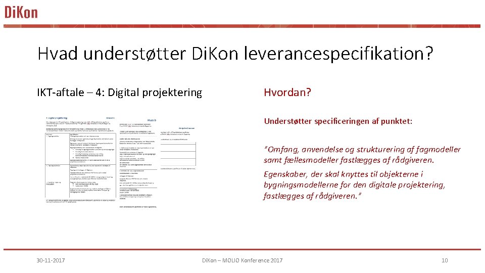 Hvad understøtter Di. Kon leverancespecifikation? IKT-aftale – 4: Digital projektering Hvordan? Understøtter specificeringen af