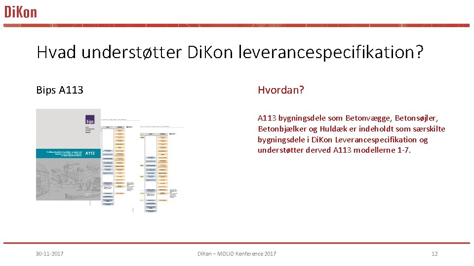 Hvad understøtter Di. Kon leverancespecifikation? Bips A 113 Hvordan? A 113 bygningsdele som Betonvægge,