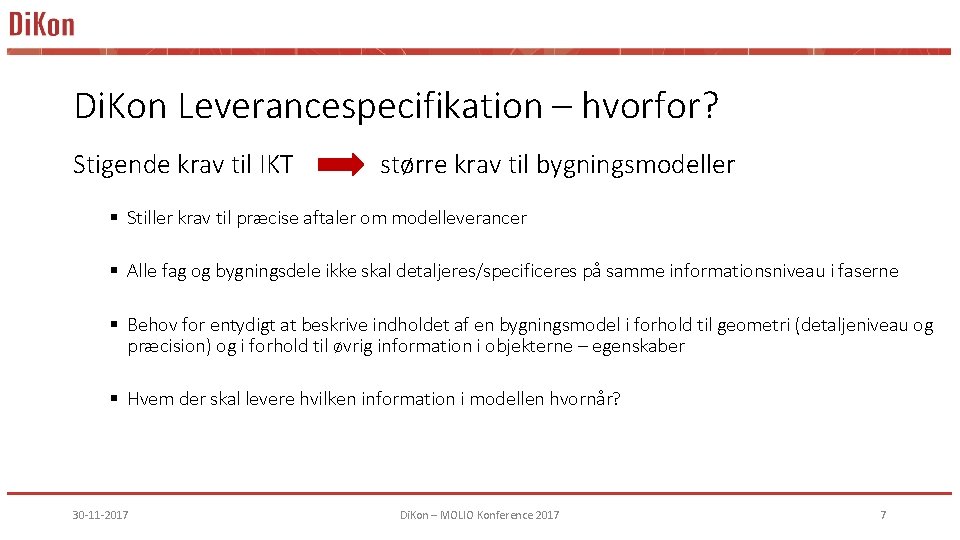 Di. Kon Leverancespecifikation – hvorfor? Stigende krav til IKT større krav til bygningsmodeller §