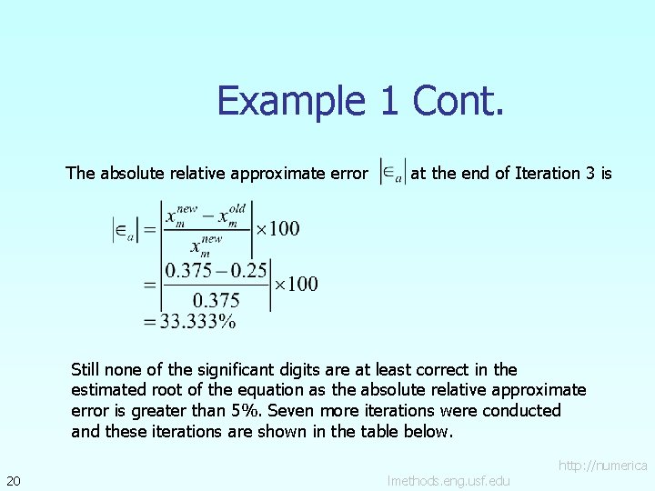 Example 1 Cont. The absolute relative approximate error at the end of Iteration 3