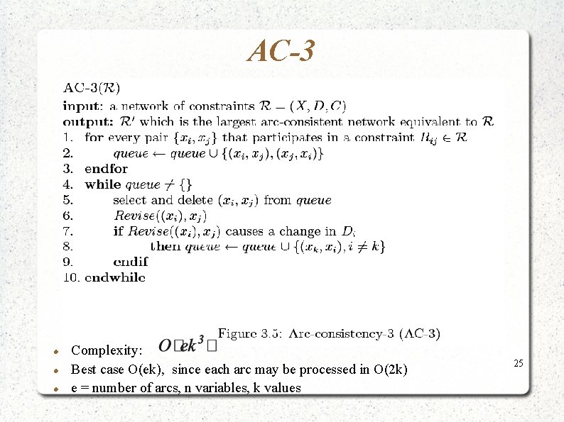 AC-3 Complexity: Best case O(ek), since each arc may be processed in O(2 k) AC-3 Complexity: Best case O(ek), since each arc may be processed in O(2 k)