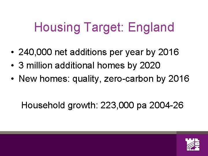 Housing Target: England • 240, 000 net additions per year by 2016 • 3