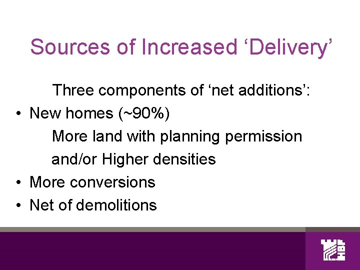 Sources of Increased ‘Delivery’ Three components of ‘net additions’: • New homes (~90%) More