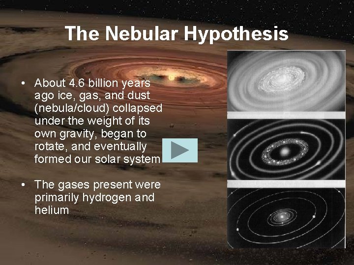 The Nebular Hypothesis • About 4. 6 billion years ago ice, gas, and dust
