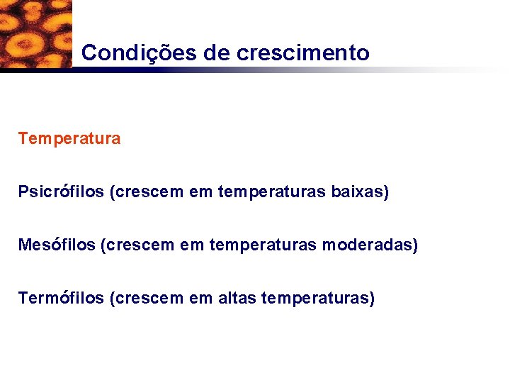 Condições de crescimento Temperatura Psicrófilos (crescem em temperaturas baixas) Mesófilos (crescem em temperaturas moderadas)