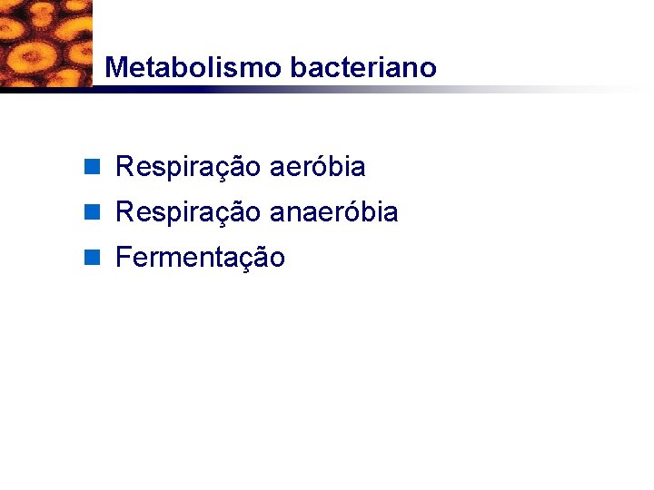 Metabolismo bacteriano n Respiração aeróbia n Respiração anaeróbia n Fermentação 