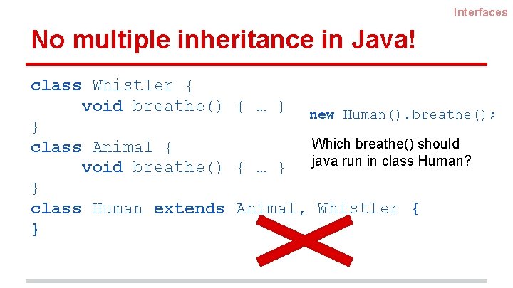 Interfaces No multiple inheritance in Java! class Whistler { void breathe() { … }