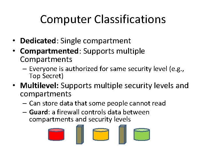 Computer Classifications • Dedicated: Single compartment • Compartmented: Supports multiple Compartments – Everyone is