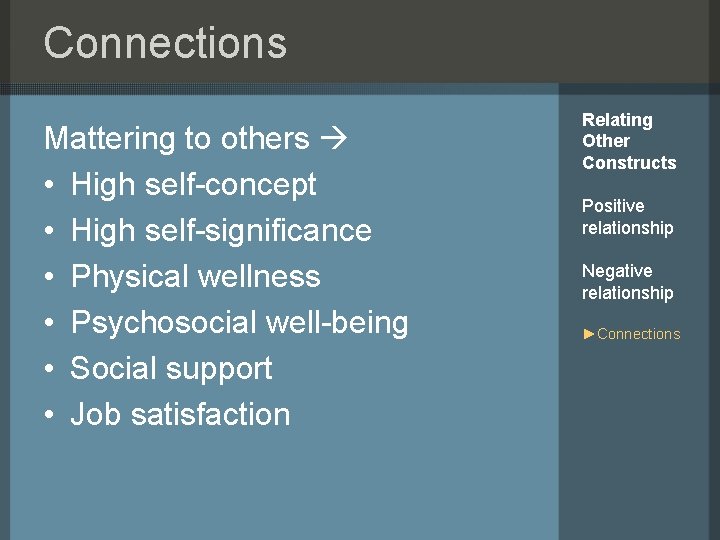 Connections Mattering to others • High self-concept • High self-significance • Physical wellness •