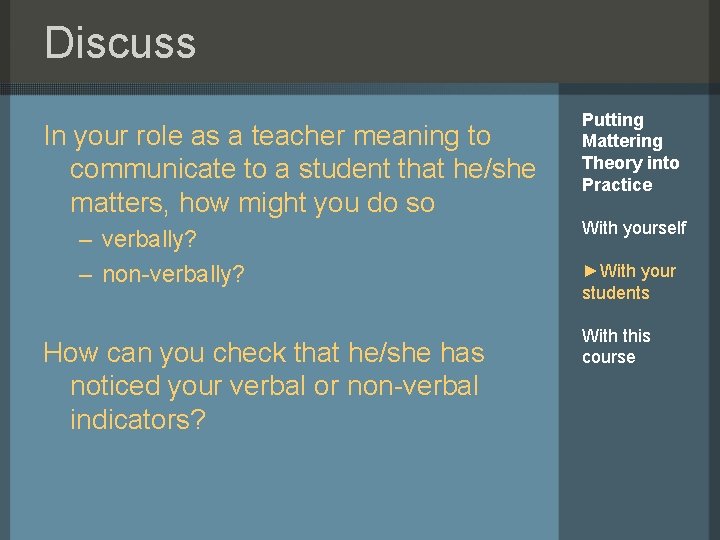 Discuss In your role as a teacher meaning to communicate to a student that