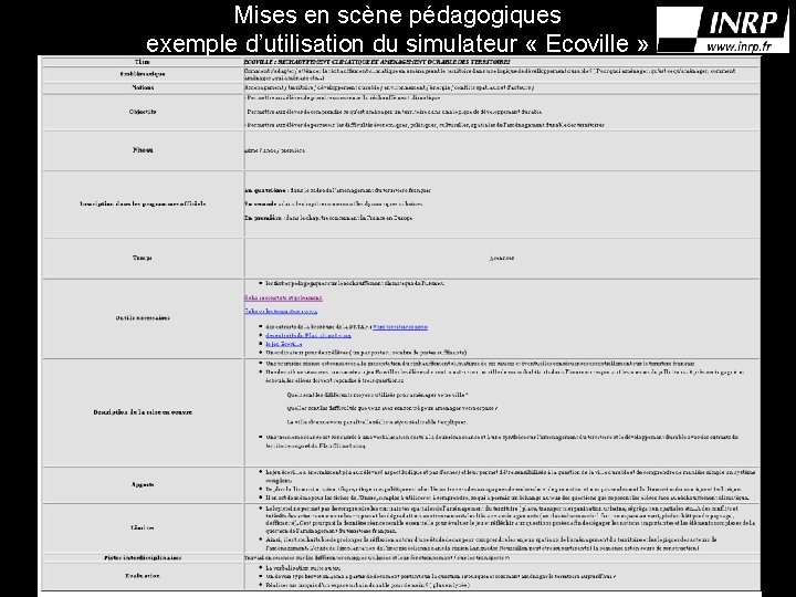 Mises en scène pédagogiques exemple d’utilisation du simulateur « Ecoville » 