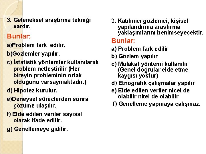3. Geleneksel araştırma tekniği vardır. Bunlar: a)Problem fark edilir. b)Gözlemler yapılır. c) İstatistik yöntemler