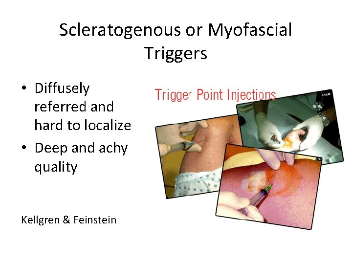 Scleratogenous or Myofascial Triggers • Diffusely referred and hard to localize • Deep and