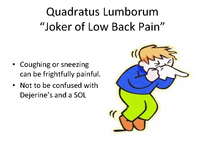 Quadratus Lumborum “Joker of Low Back Pain” • Coughing or sneezing can be frightfully