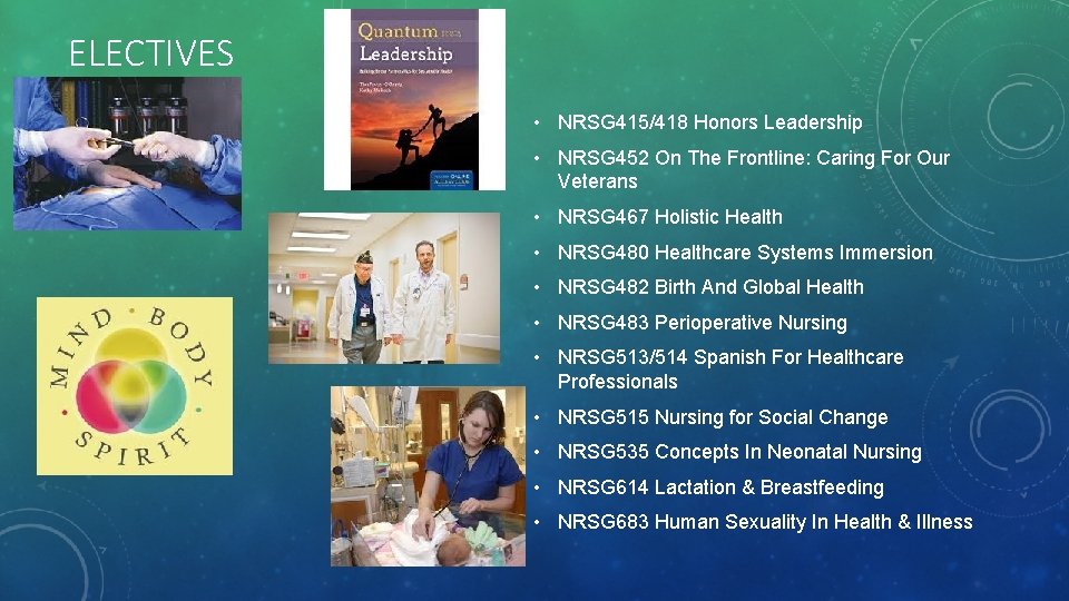ELECTIVES • NRSG 415/418 Honors Leadership • NRSG 452 On The Frontline: Caring For