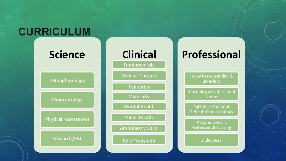 CURRICULUM Science Pathophysiology Pharmacology Clinical Professional Medical Surgical Social Responsibility & Bioethics Fundamentals Pediatrics