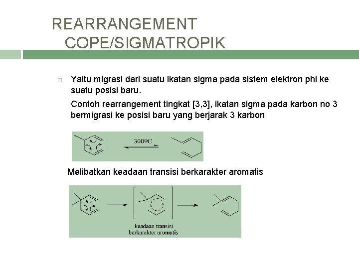 REARRANGEMENT COPE/SIGMATROPIK Yaitu migrasi dari suatu ikatan sigma pada sistem elektron phi ke suatu