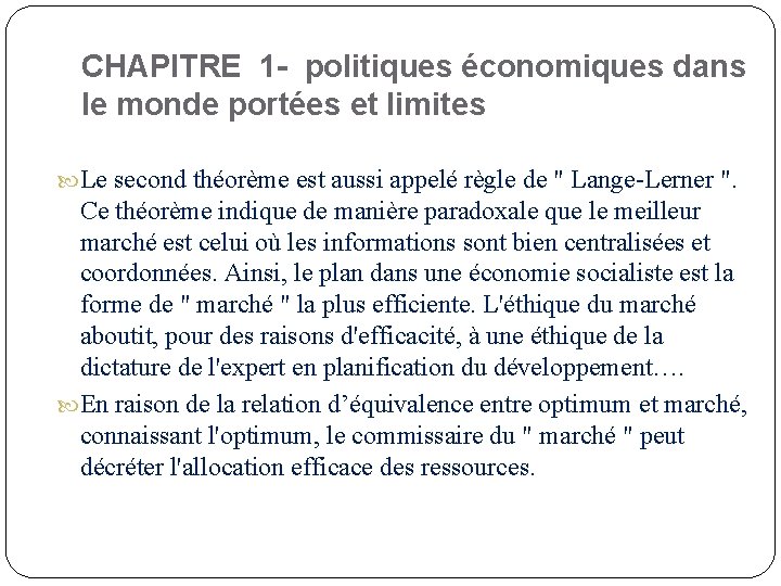 CHAPITRE 1 - politiques économiques dans le monde portées et limites Le second théorème