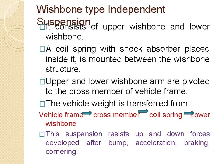 Wishbone type Independent Suspension �It consists of upper wishbone and lower wishbone. �A coil
