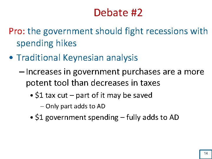 Debate #2 Pro: the government should fight recessions with spending hikes • Traditional Keynesian