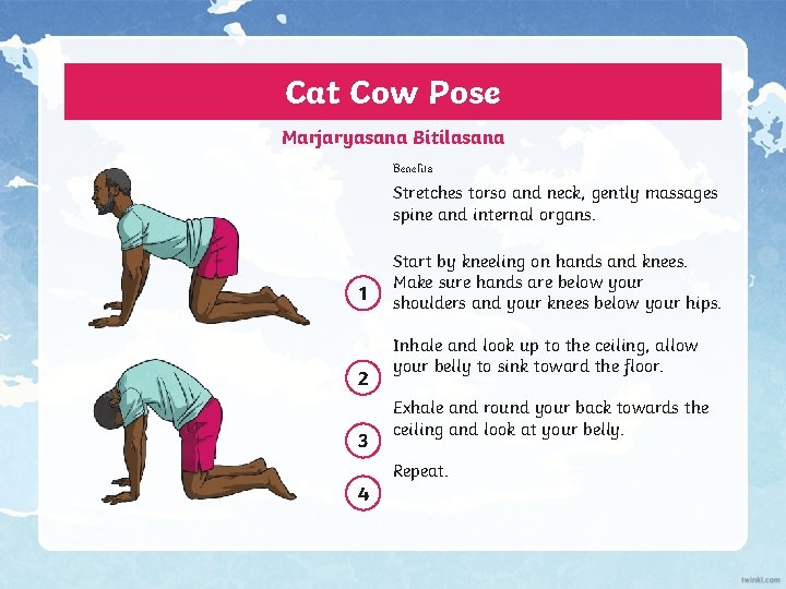 Cat Cow Pose Marjaryasana Bitilasana Benefits Stretches torso and neck, gently massages spine and
