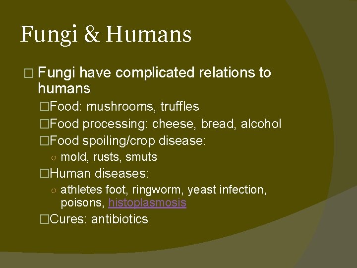 Fungi & Humans � Fungi have complicated relations to humans �Food: mushrooms, truffles �Food