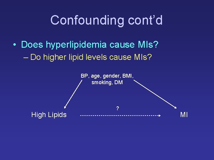 Confounding cont’d • Does hyperlipidemia cause MIs? – Do higher lipid levels cause MIs? Confounding cont’d • Does hyperlipidemia cause MIs? – Do higher lipid levels cause MIs?